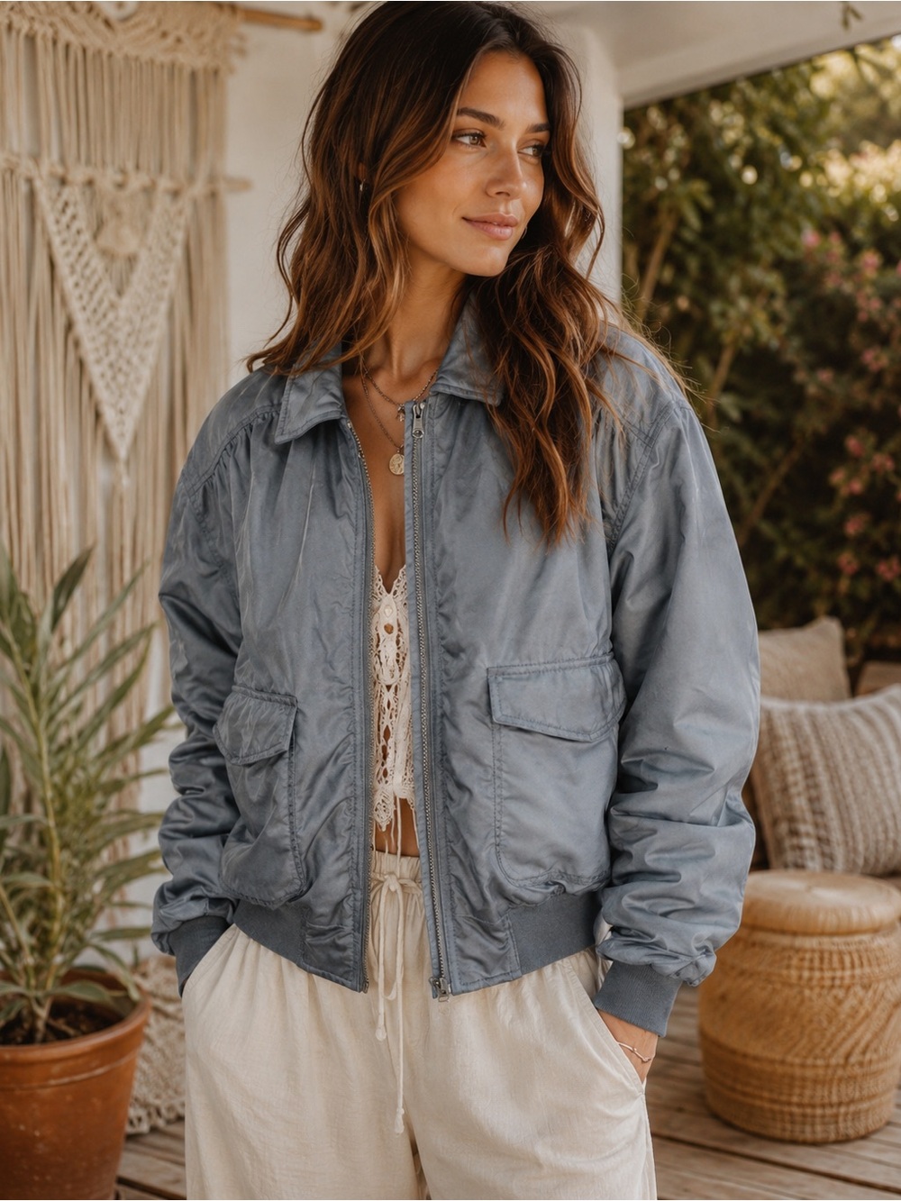Oversized Gray Nylon Bomber Jacket – Ruched Sleeve Utility Style